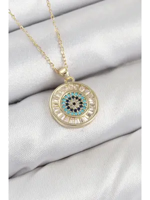 Pirinç Zirkon Taşlı Su Yolu Nazar Model Gold Renk Kadın Kolye