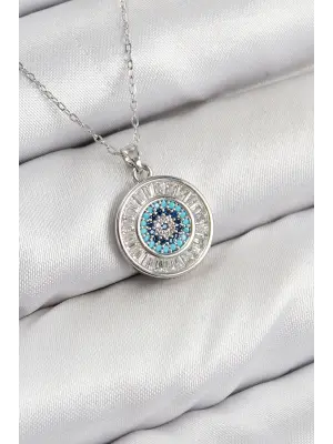 Pirinç Zirkon Taşlı Su Yolu Nazar Model Gümüş Renk Kadın Kolye