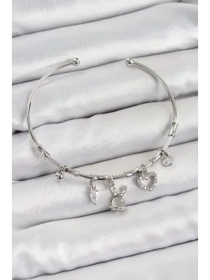 Pirinç Zirkon Taşlı Tavşan Ve Kalp Model Gümüş Renk Charm Bileklik