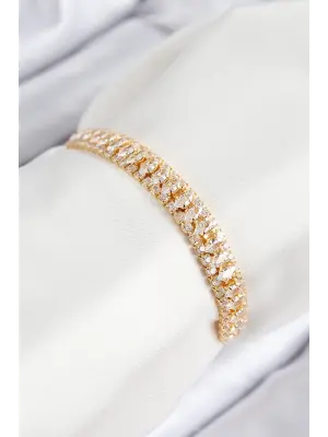 Pirinç Zirkon Taşlı Tennıs Model Gold Renk Asansörlü Kadın Bileklik