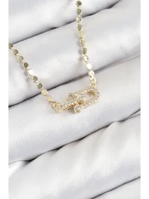 Pirinç Zirkon Taşlı Tifany Model Ezme Zincir Gold Renk Kadın Kolye