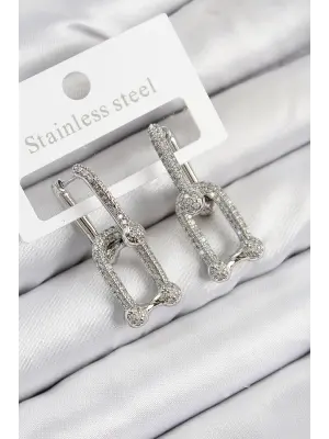 Pirinç Zirkon Taşlı Tifany Model Gümüş Renk Kadın Küpe