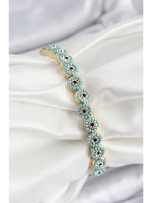Pirinç Zirkon Taşlı Turkuaz Nazar Model Gold Renk Lastikli Kadın Bileklik