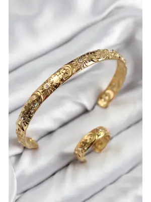 Pirinç Zirkon Taşlı Vintage Model Gold Renk Bileklik Yüzük Set
