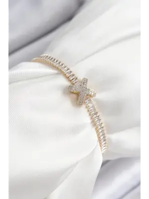 Pirinç Zirkon Taşlı X Detaylı Su Yolu Model Gold Renk Asansörlü Kadın Bileklik