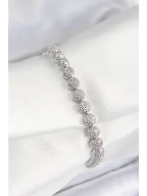 Pirinç Zirkon Taşlı Yarım Topcuk Model Gümüş Renk VIP Seri Kadın Bileklik