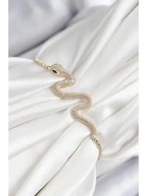 Pirinç Zirkon Taşlı Yılan Model Gold Renk Asansörlü Kadın Bileklik