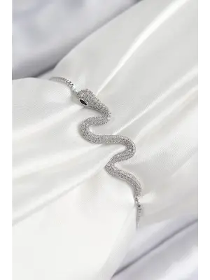 Pirinç Zirkon Taşlı Yılan Model Gümüş Renk Asansörlü Kadın Bileklik