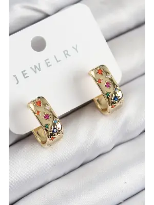 Pirinç Zirkon Taşlı Yıldız Desen Model Gold Renk Kadın Küpe
