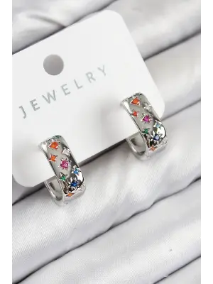 Pirinç Zirkon Taşlı Yıldız Desen Model Gümüş Renk Kadın Küpe