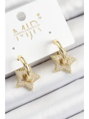 Pirinç Zirkon Taşlı Yıldız Figürlü Halka Model Gold Renk Kadın Küpe