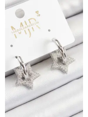 Pirinç Zirkon Taşlı Yıldız Figürlü Halka Model Gümüş Renk Kadın Küpe