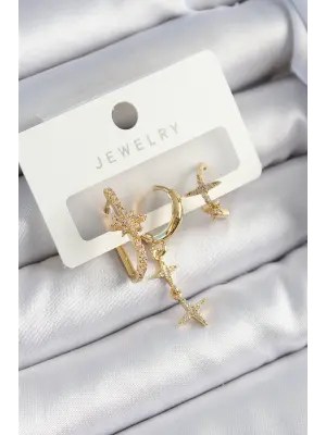 Pirinç Zirkon Taşlı Yıldız Model Gold Renk 3lü Çift Kadın Küpe Set