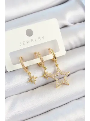 Pirinç Zirkon Taşlı Yıldız Model Gold Renk 3lü Çift Kadın Küpe Set