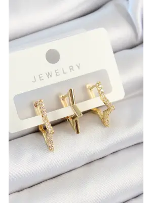 Pirinç Zirkon Taşlı Yıldız Model Gold Renk 3lü Çift Kadın Küpe Set