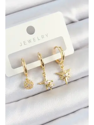 Pirinç Zirkon Taşlı Yıldız Model Gold Renk 3lü Çift Kadın Küpe Set