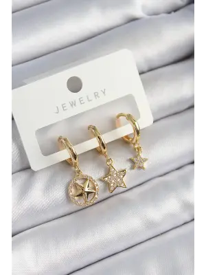 Pirinç Zirkon Taşlı Yıldız Model Gold Renk 3lü Çift Kadın Küpe Set