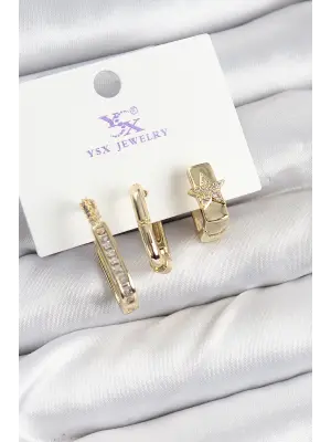 Pirinç Zİrkon Taşlı Yıldız Model Gold Renk 3lü Kadın Küpe