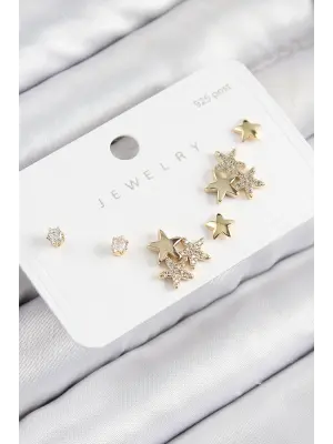 Pirinç Zirkon Taşlı Yıldız Model Gold Renk 925 Ayar Gümüş Çivi Kadın Küpe Set