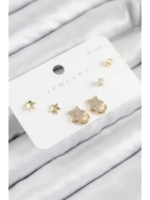 Pirinç Zirkon Taşlı Yıldız Model Gold Renk 925 Ayar Gümüş Çivi Kadın Küpe Set
