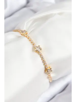 Pirinç Zirkon Taşlı Yıldız Model Gold Renk Asansörlü Kadın Bileklik