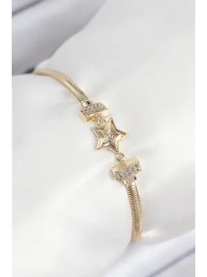 Pirinç Zirkon Taşlı Yıldız Model Gold Renk Kadın Bileklik