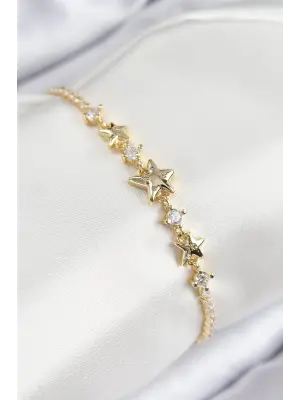 Pirinç Zirkon Taşlı Yıldız Model Gold Renk Kadın Bileklik