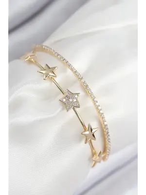 Pirinç Zirkon Taşlı Yıldız Model Gold Renk Kadın Bileklik