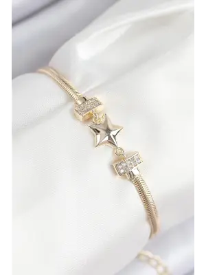 Pirinç Zirkon Taşlı Yıldız Model Gold Renk Kadın Bileklik