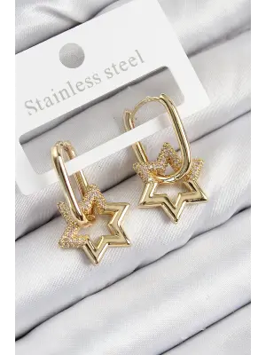 Pirinç Zirkon Taşlı Yıldız Model Gold Renk Kadın Küpe