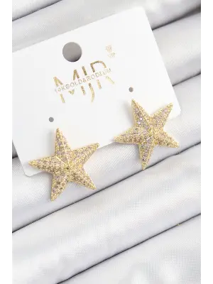 Pirinç Zirkon Taşlı Yıldız Model Gold Renk Kadın Küpe