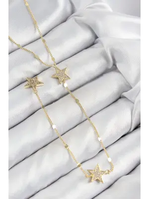 Pirinç Zirkon Taşlı Yıldız Model Gold Renk Y Kolye