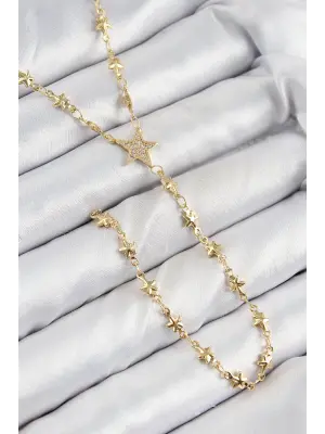 Pirinç Zirkon Taşlı Yıldız Model Gold Renk Y Kolye