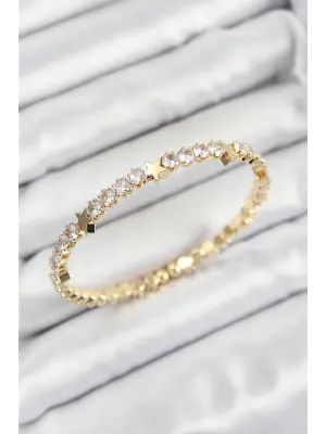 Pirinç Zirkon Taşlı Yıldız Model Gold Renk Yaylı Kadın Bileklik