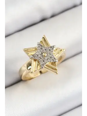 Pirinç Zirkon Taşlı Yıldız Model Gold Ve Gümüş Renk Kadın Yüzük