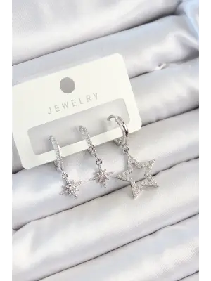 Pirinç Zirkon Taşlı Yıldız Model Gümüş Renk 3lü Çift Kadın Küpe Set
