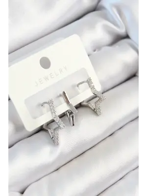 Pirinç Zirkon Taşlı Yıldız Model Gümüş Renk 3lü Çift Kadın Küpe Set