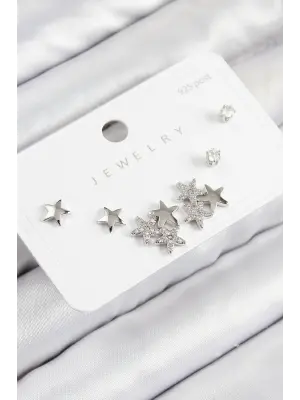 Pirinç Zirkon Taşlı Yıldız Model Gümüş Renk 925 Ayar Gümüş Çivi Kadın Küpe Set