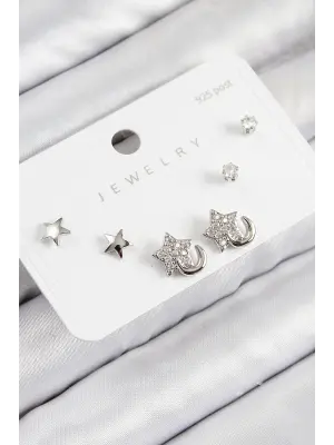 Pirinç Zirkon Taşlı Yıldız Model Gümüş Renk 925 Ayar Gümüş Çivi Kadın Küpe Set