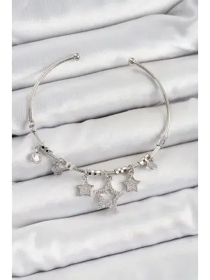 Pirinç Zirkon Taşlı Yıldız Model Gümüş Renk Charm Bileklik