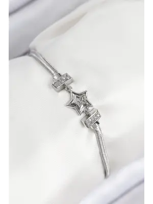 Pirinç Zirkon Taşlı Yıldız Model Gümüş Renk Kadın Bileklik