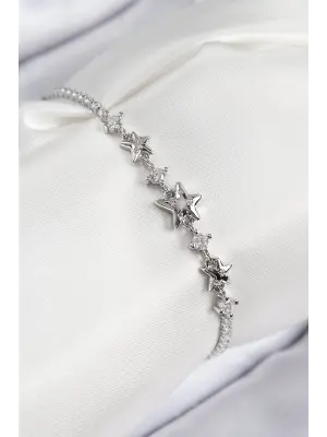 Pirinç Zirkon Taşlı Yıldız Model Gümüş Renk Kadın Bileklik