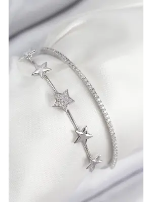 Pirinç Zirkon Taşlı Yıldız Model Gümüş Renk Kadın Bileklik