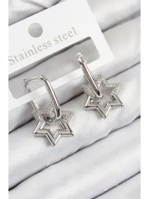 Pirinç Zirkon Taşlı Yıldız Model Gümüş Renk Kadın Küpe