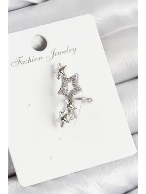Pirinç Zirkon Taşlı Yıldız Model Gümüş Renk Sağ Kıkırdak Küpe