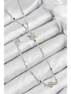 Pirinç Zirkon Taşlı Yıldız Model Gümüş Renk Y Kolye