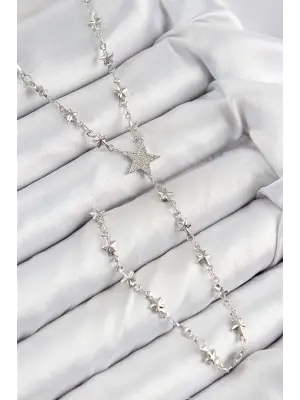 Pirinç Zirkon Taşlı Yıldız Model Gümüş Renk Y Kolye
