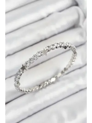 Pirinç Zirkon Taşlı Yıldız Model Gümüş Renk Yaylı Kadın Bileklik