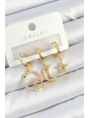 Pirinç Zirkon Taşlı Yıldız Ve Ay Model Gold Renk 3lü Çift Kadın Küpe Set