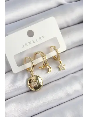 Pirinç Zirkon Taşlı Yıldız Ve Ay Model Gold Renk 3lü Çift Kadın Küpe Set